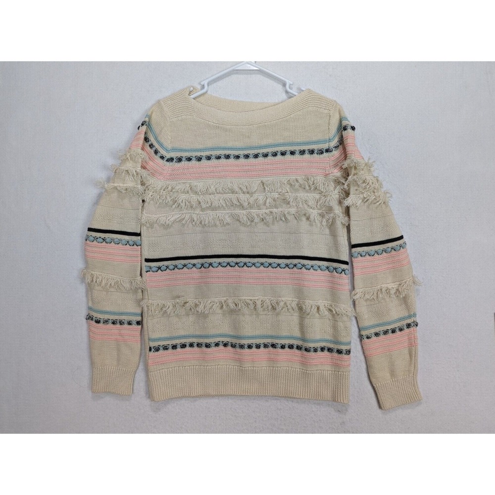 Loft Womens Pullover Sweater Size M Fringed‎ Textured Cotton Tan Pink Blue